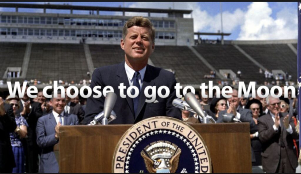 Photo of President Kennedy speaking at Rice University in 1962.